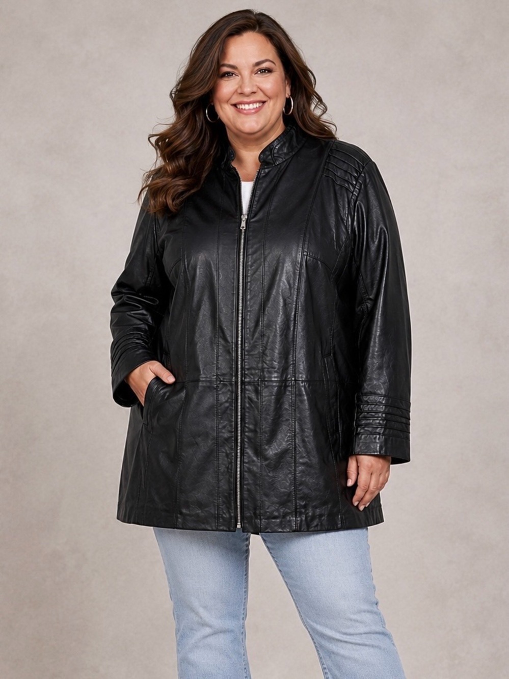 Veranesi Jacket Size 24W Black  Genuine Leather Zip-Front Jacket Long